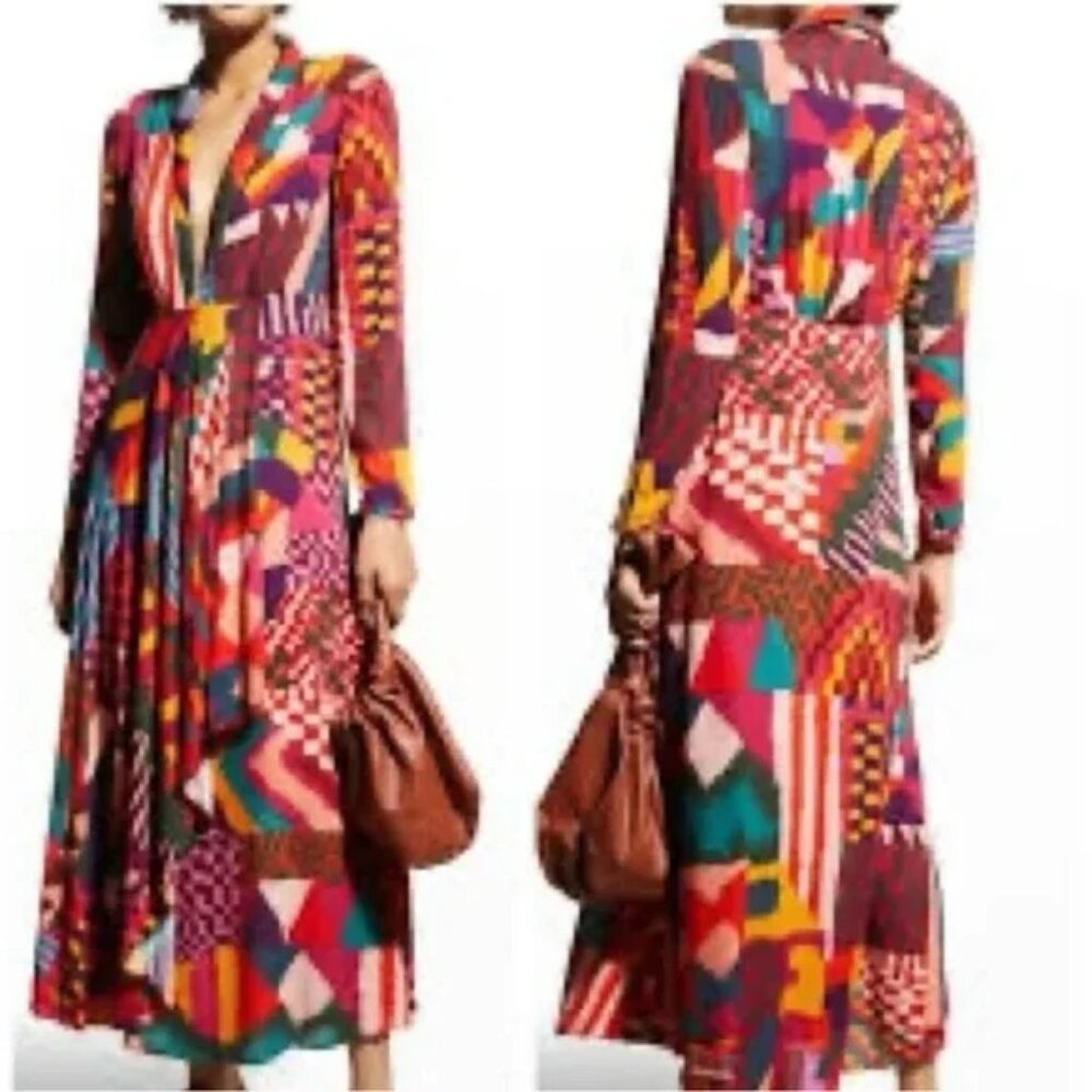 Farm Rio Red Abstract Patchwork Maxi Dress Long Sleeve Wrap Style Size Large - Picture 2 of 15